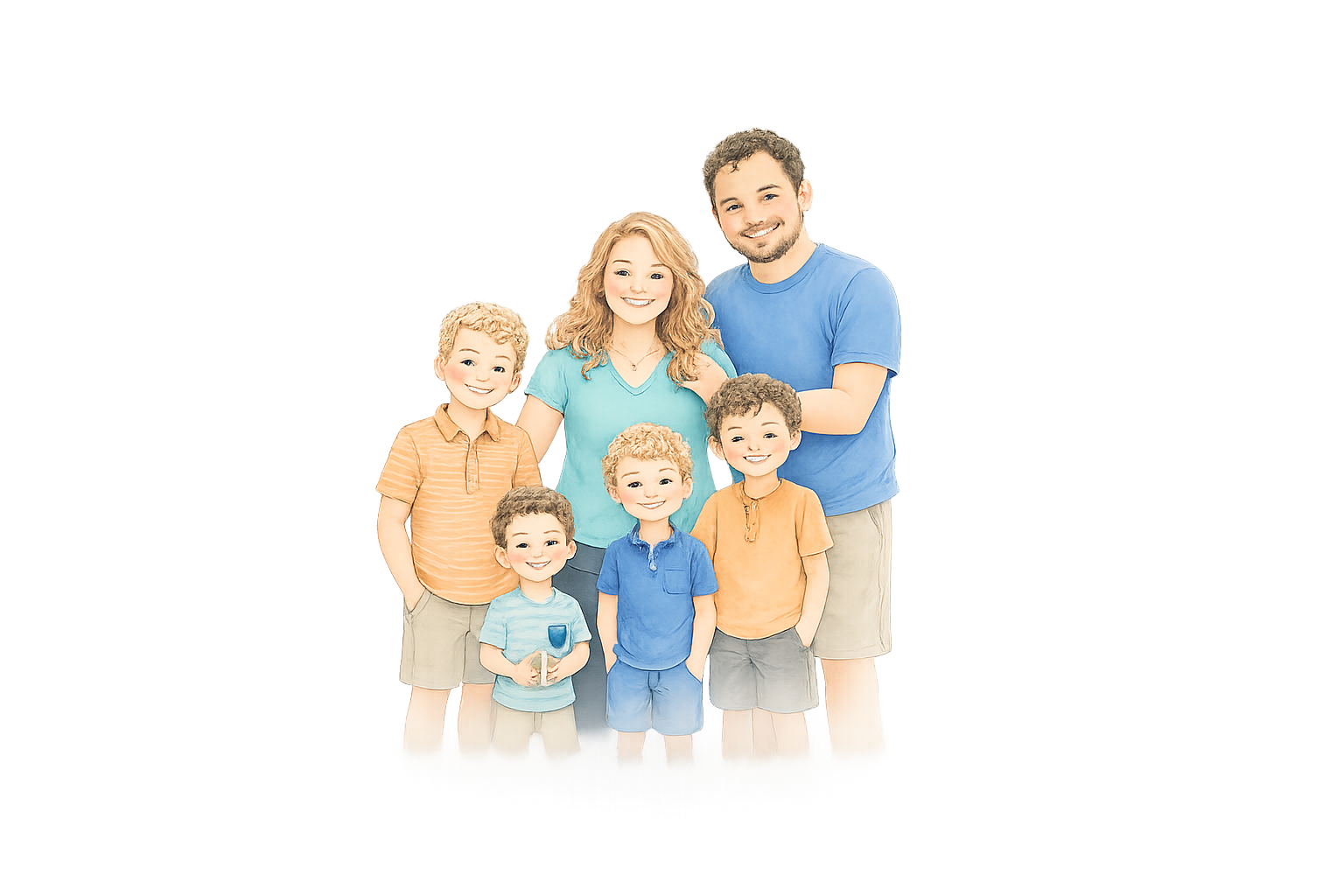 Illustrated portrait of Chris Sanford with his wife and their four boys