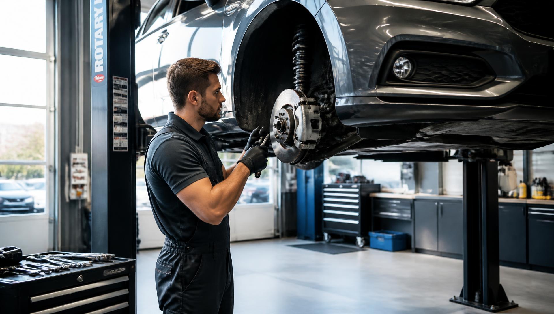 Technician working on a car inside a clean auto repair shop