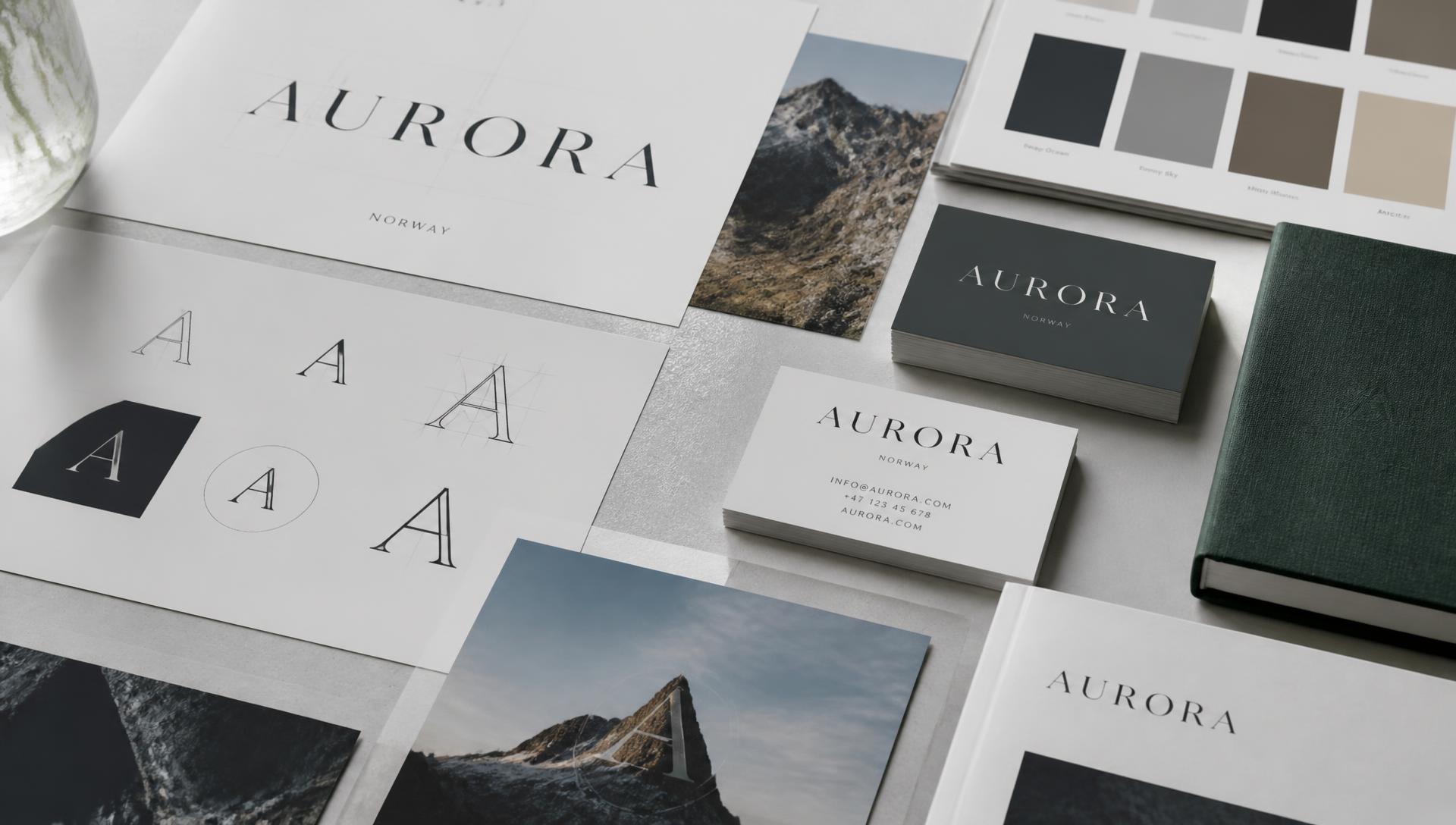 Brand identity design materials on a studio table