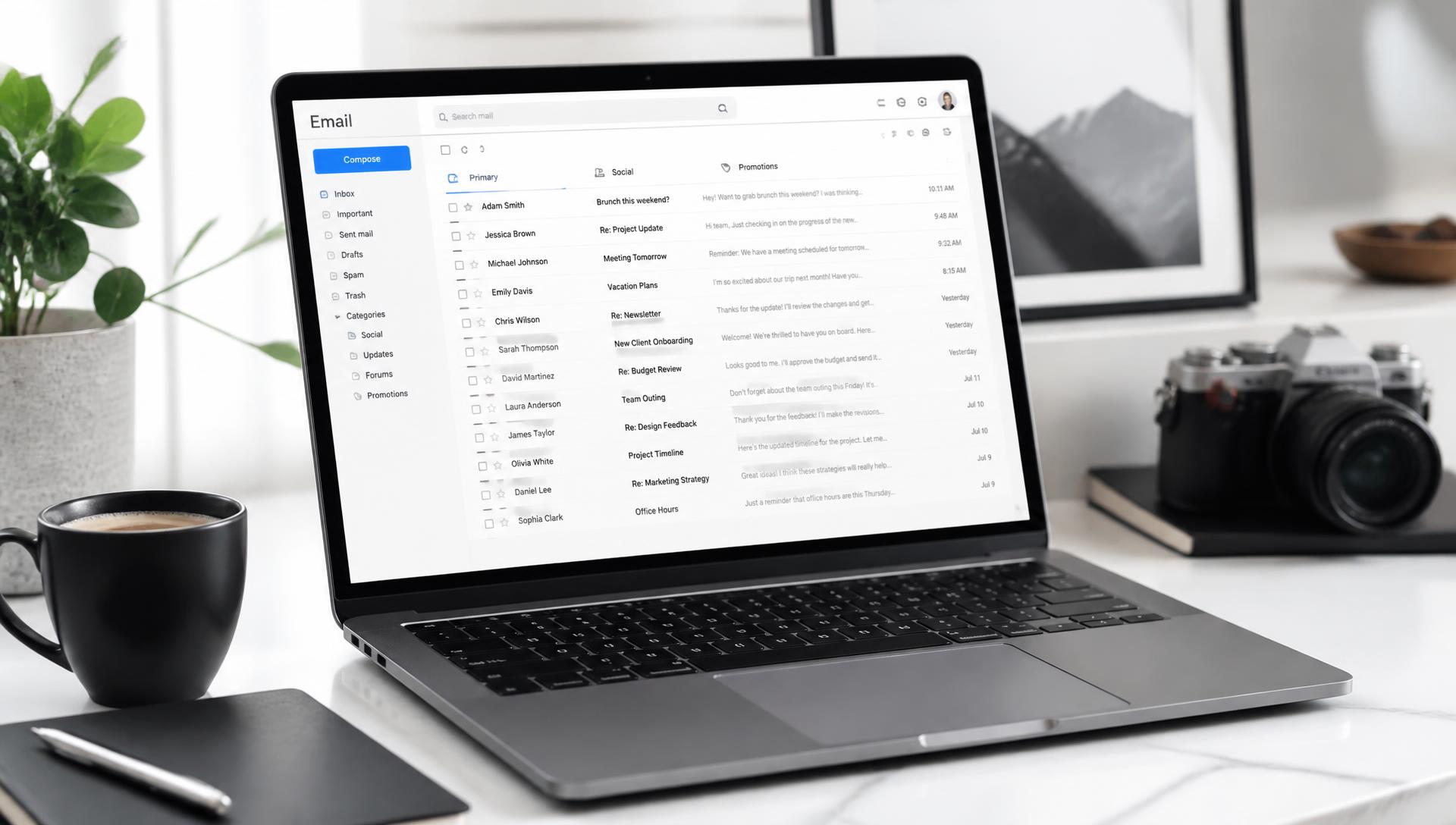 Laptop showing an email marketing inbox on a bright desk