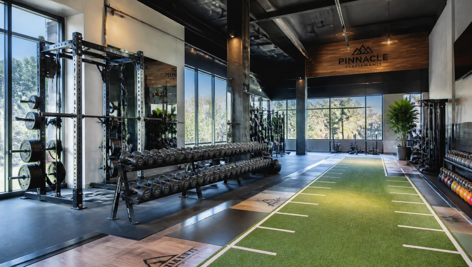 Modern boutique gym interior with weights and turf