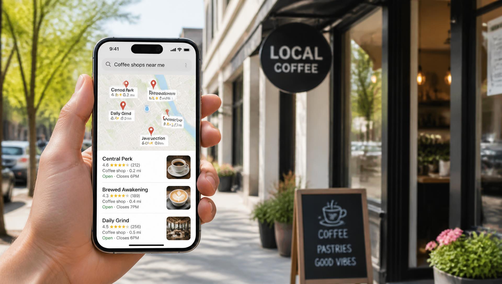 Phone showing local map search results outside a storefront