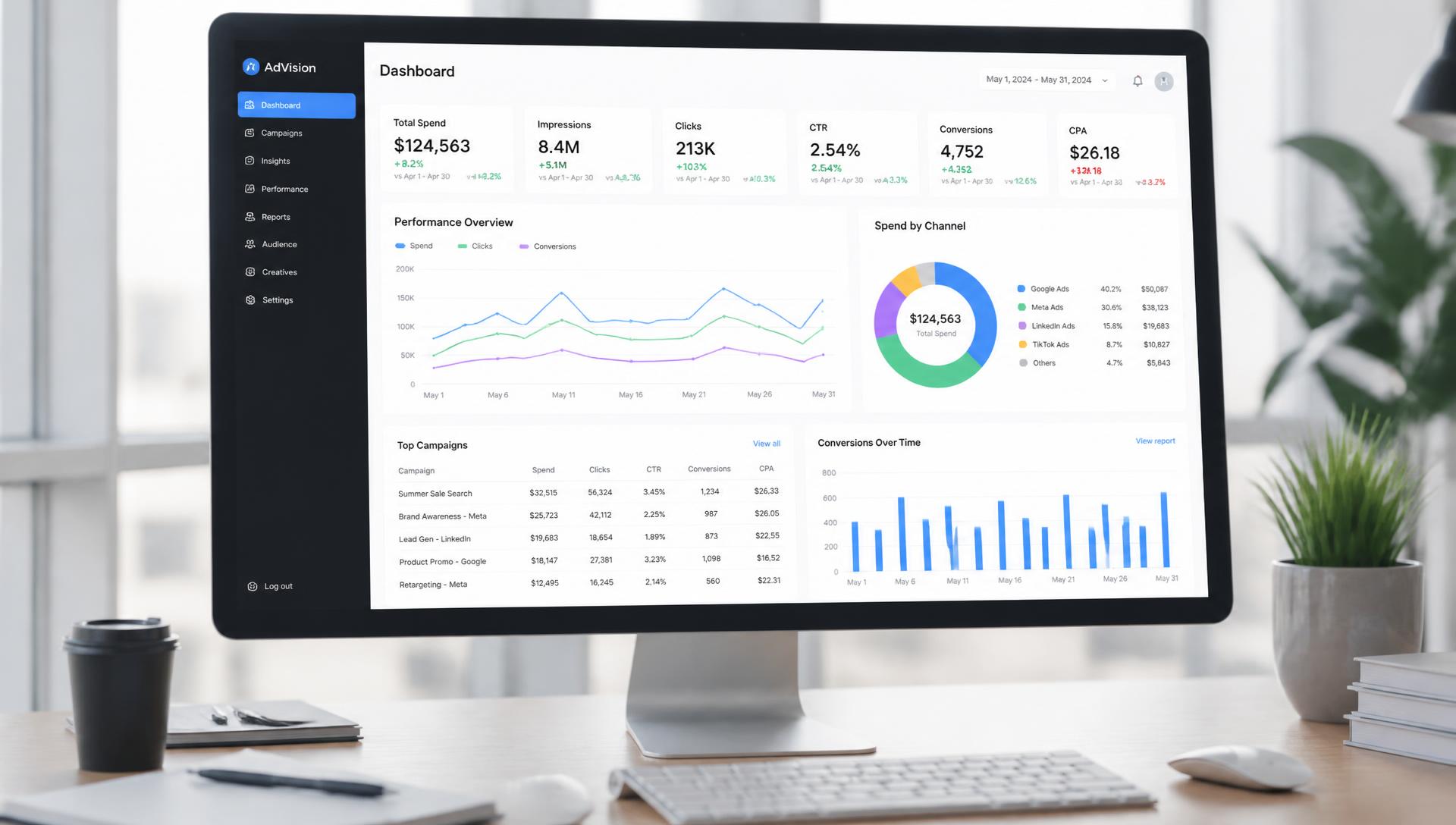 Advertising analytics dashboard on a widescreen monitor