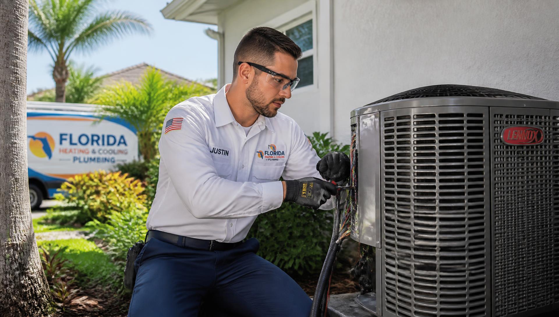 HVAC technician servicing an air conditioner at a Florida home