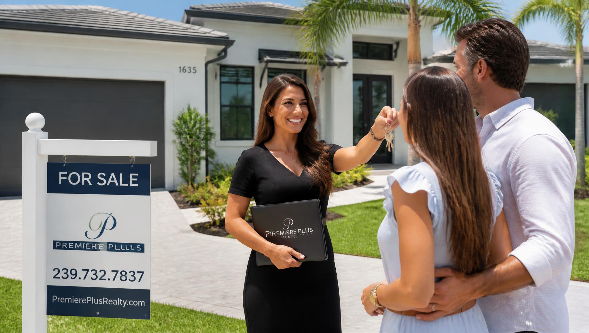 Real estate agent handing keys to buyers outside a Florida home