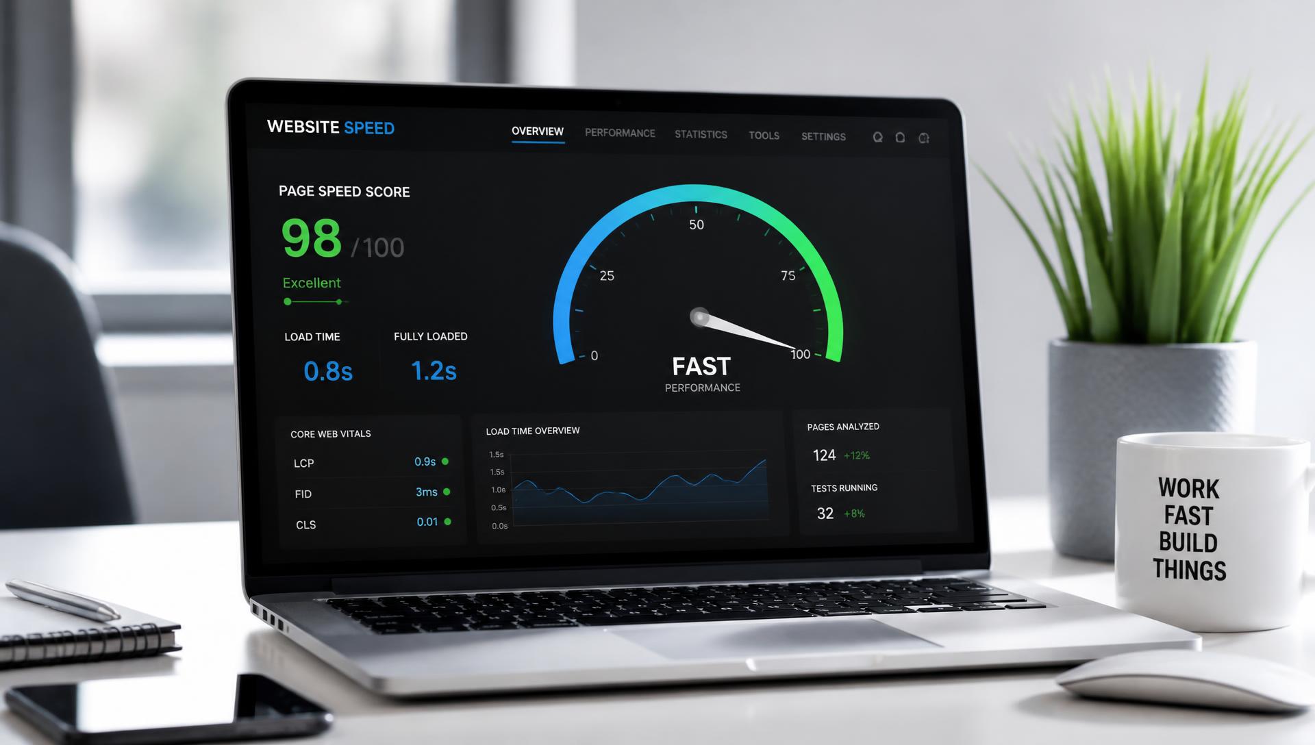 Website speed performance dashboard on a laptop