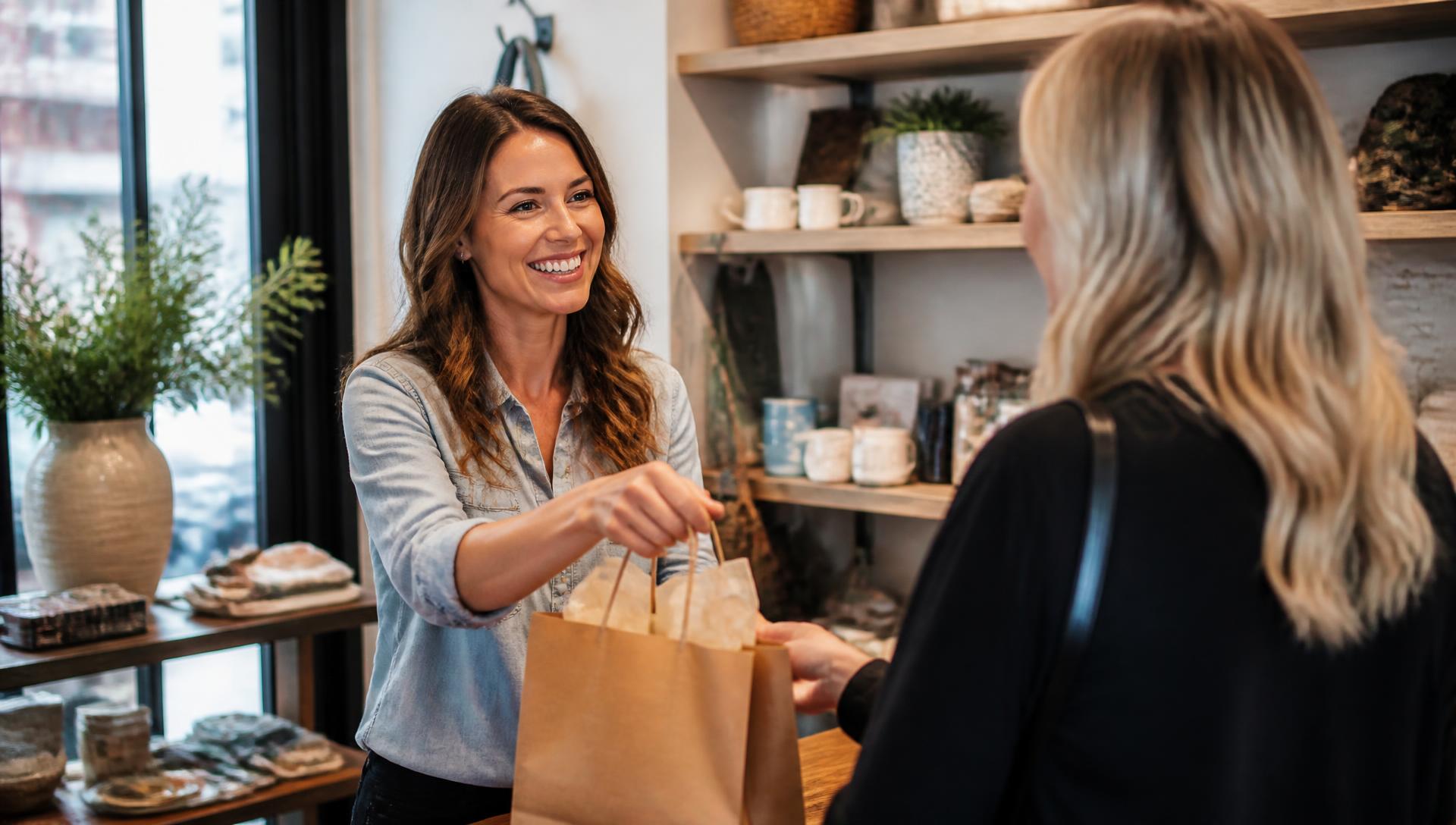Local shop owner handing a bag to a happy customer