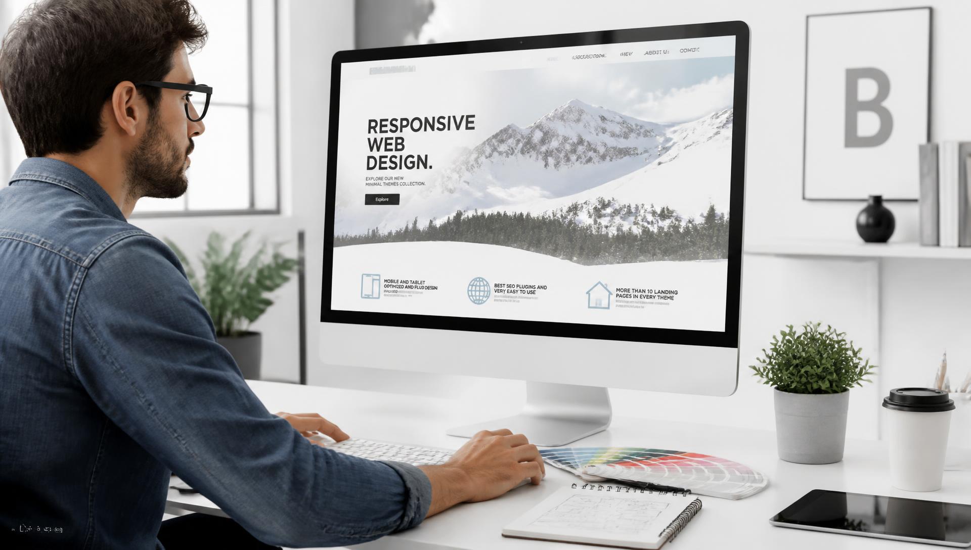 Designer building a modern website layout on a large monitor
